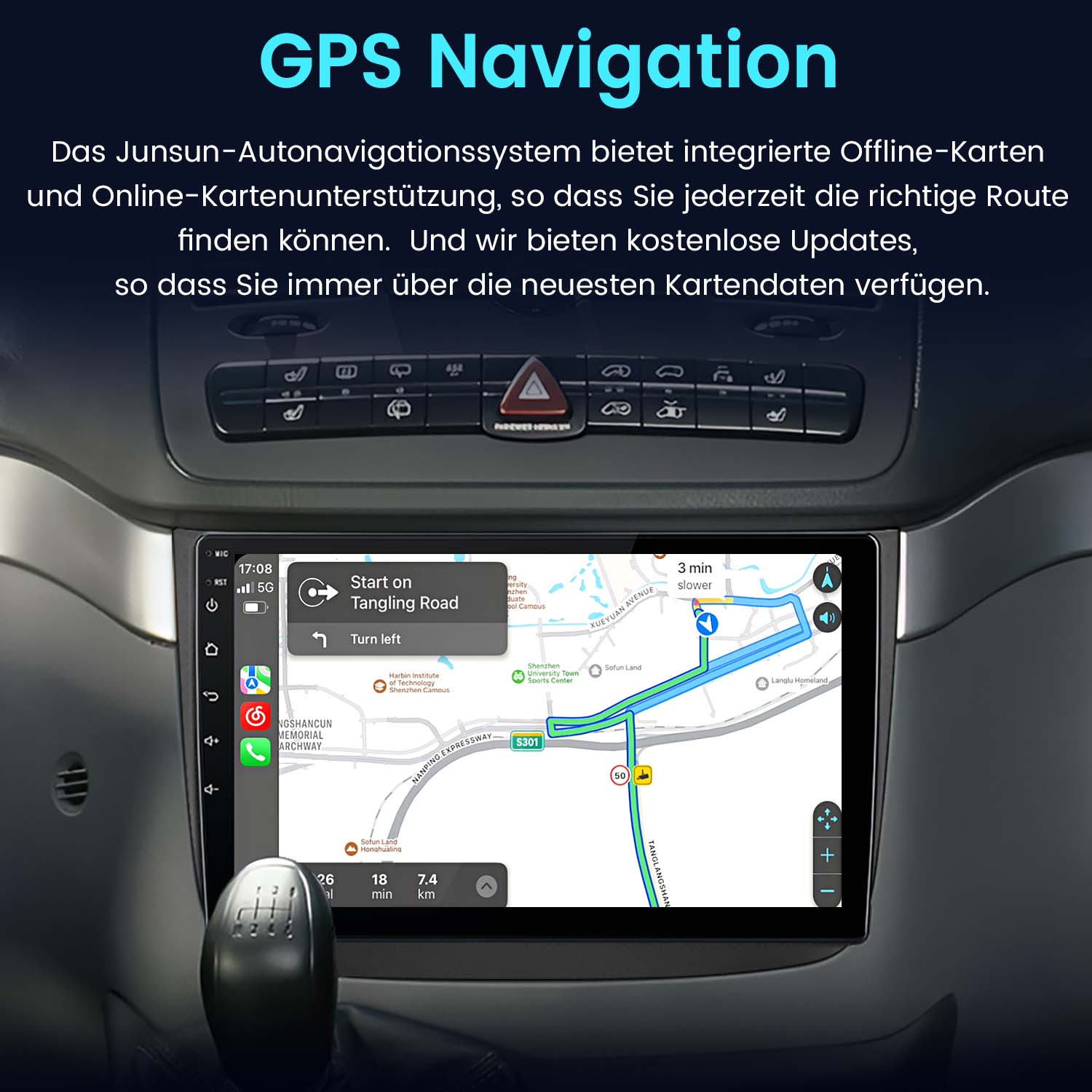 Armaturenbrett eines Autos mit GPS-Navigationsbildschirm. Schwarzes Interieur. Text auf Deutsch.