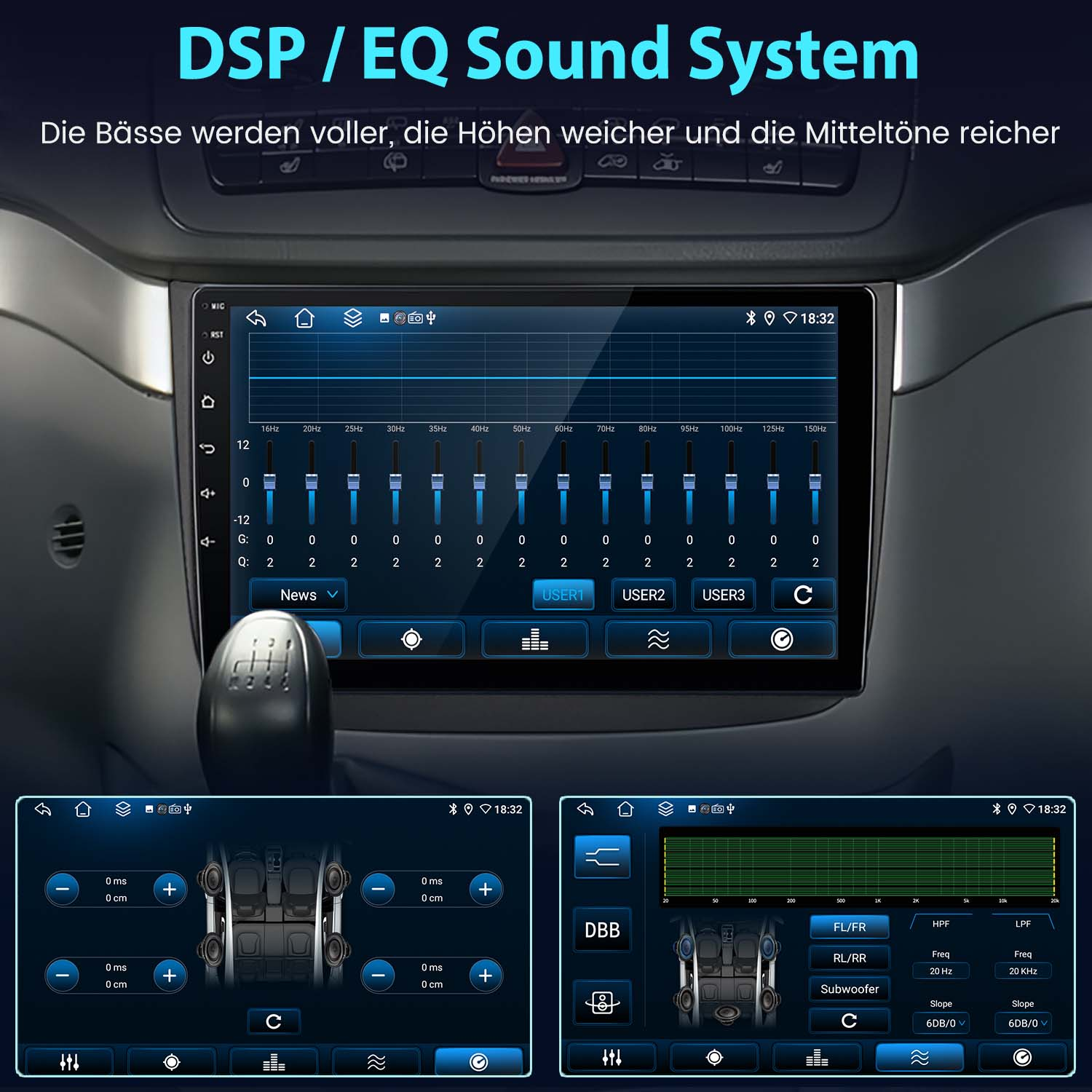 Auto-Stereo-Display mit EQ-Einstellungen und zwei zusätzlichen Bildschirmaufnahmen.