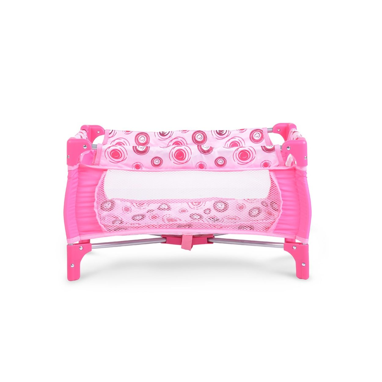 Ein rosa Laufstall mit einer Netzseite und einem Design aus rosa Kreisen.