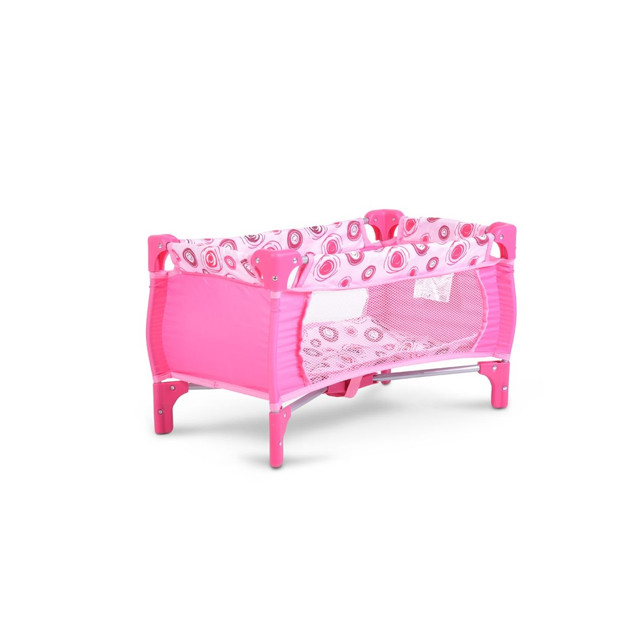 Ein rosa Babybett mit einem bedruckten Design, auf weißem Hintergrund.