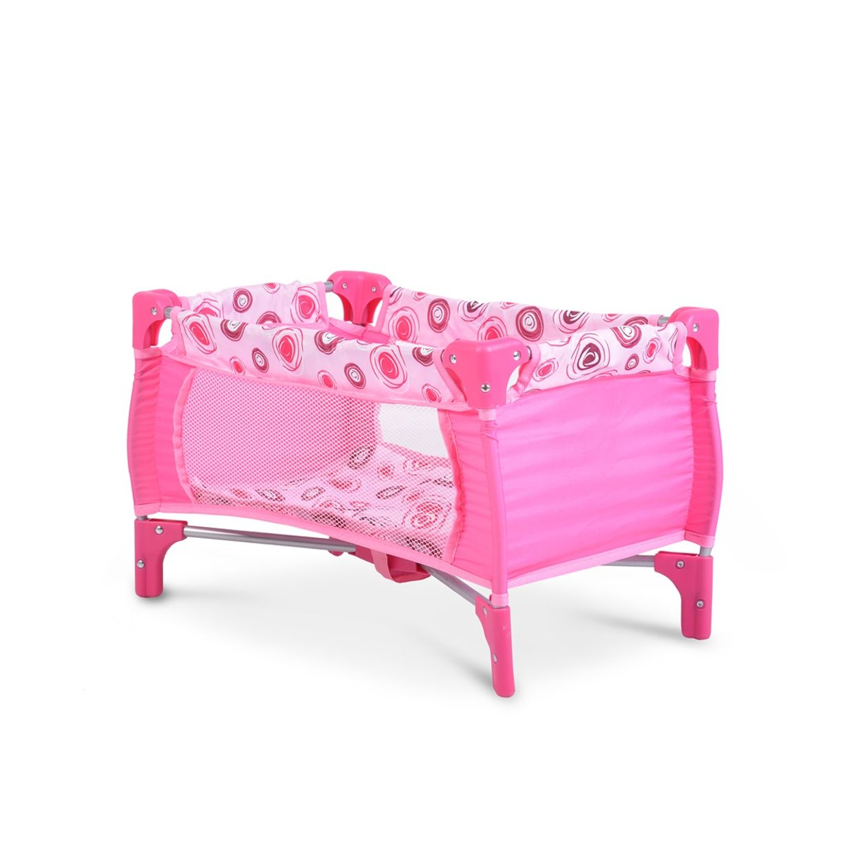 Rosa Spielzeugkrippe mit gemustertem Baldachin und Bettzeug, vor weißem Hintergrund.