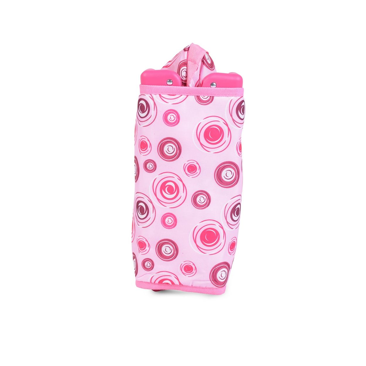 Ein rosa Federmäppchen mit rosa und roten Kreisen darauf.