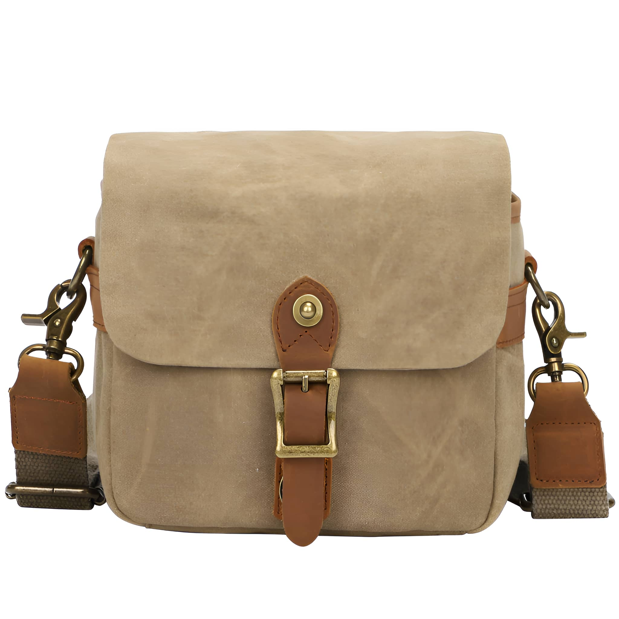 Beige Kameratasche mit braunen Riemen und Schnalle.