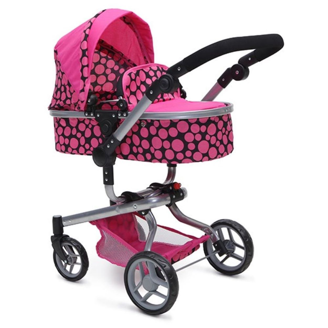 Rosa Puppenwagen mit schwarzen Punkten. Vier Räder, schwarzer Griff und ein Korb unten. Weißer Hintergrund.