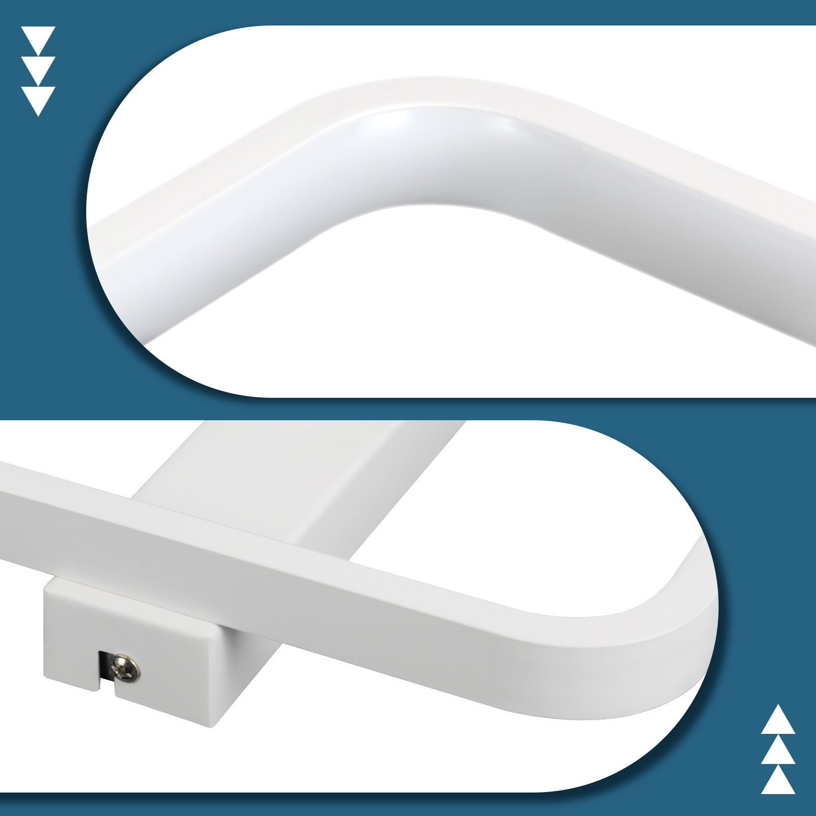 Dwa zbliżenia białej, zakrzywionej, prostokątnej oprawy oświetleniowej.