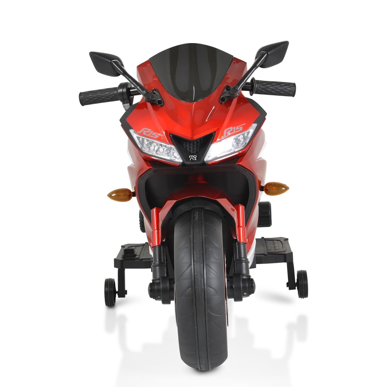 Rotes Spielzeugmotorrad auf weißem Hintergrund. Vorderansicht.