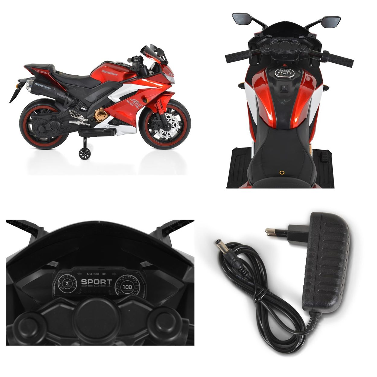 Rotes und schwarzes Spielzeugmotorrad mit Details des Fahrrads und Ladegerät.