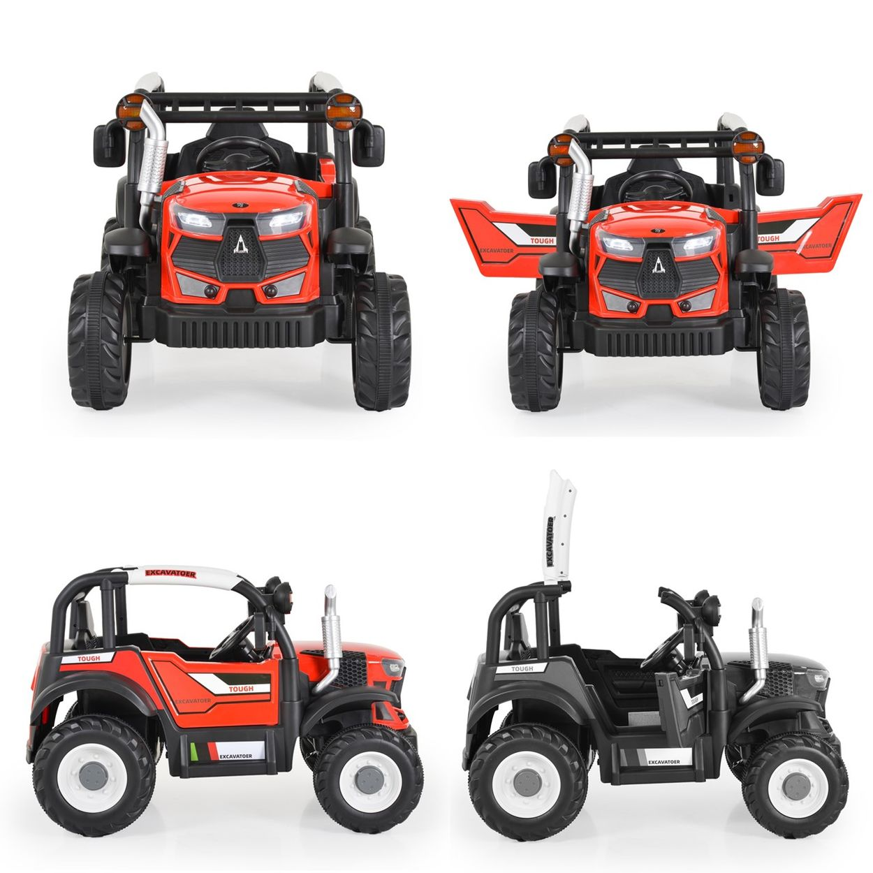 Vier Bilder eines rot-schwarzen Spielzeugtraktors. Der Traktor hat einen großen Frontlader und detailliertes Design.