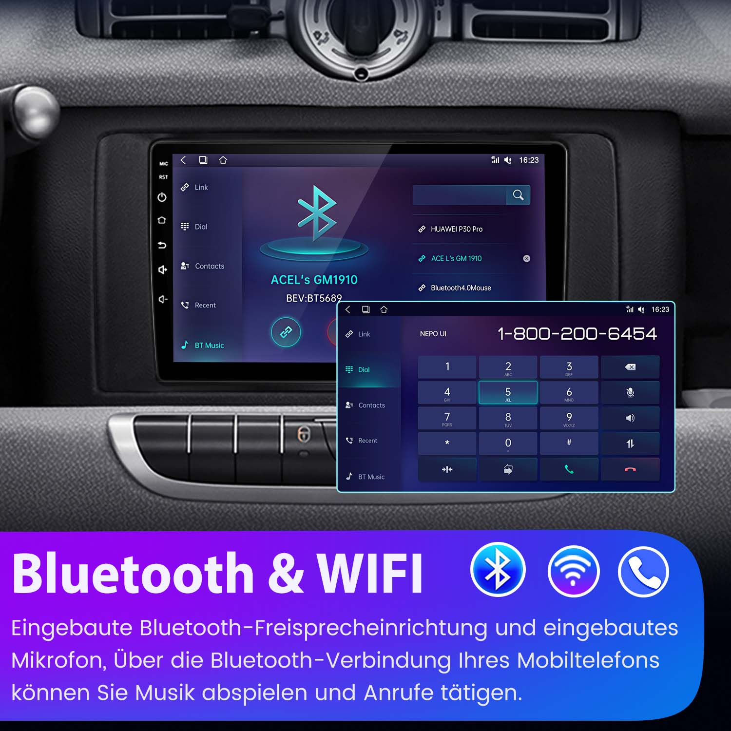 Wyświetlacz radia samochodowego pokazujący połączenia Bluetooth i WiFi z klawiaturą numeryczną.