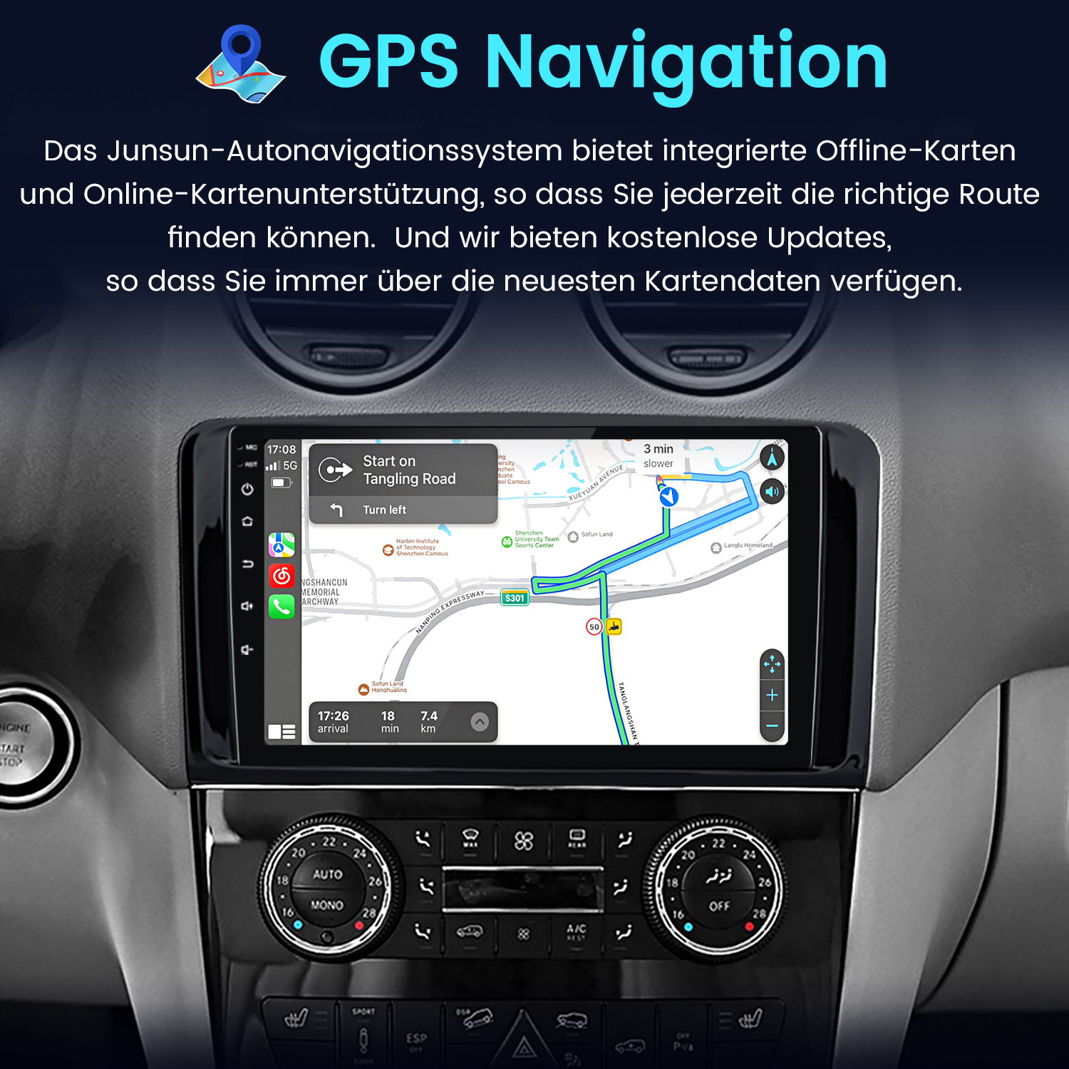 Armaturenbrett eines Autos mit GPS-Navigationsbildschirm, der eine Karte und Steuertasten zeigt.