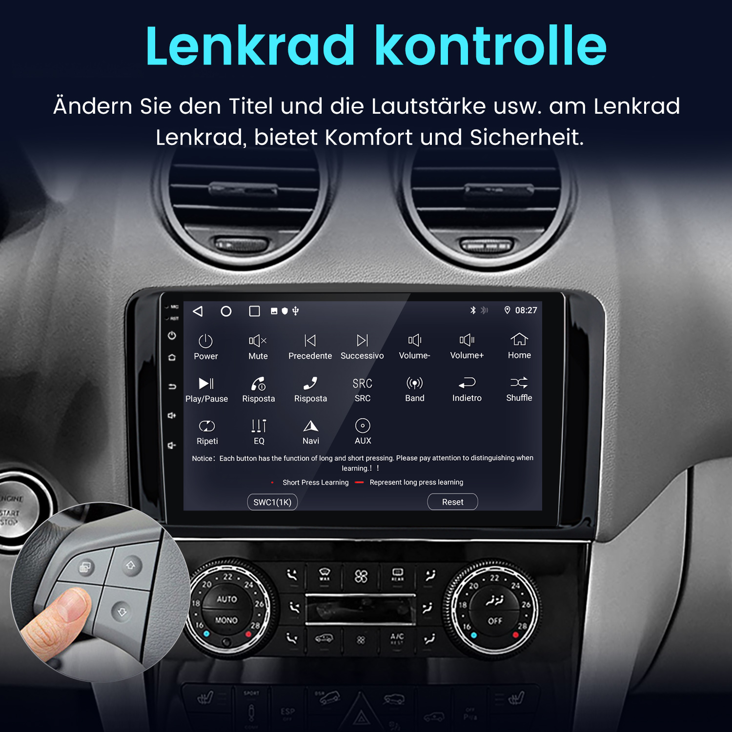 Armaturenbrett eines Autos mit einem Bildschirm, der verschiedene Funktionen und Bedienelemente anzeigt, und einer Hand.