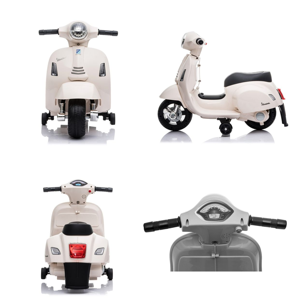 Vier Ansichten eines weißen Vespa-Spielzeugrollers auf weißem Hintergrund.