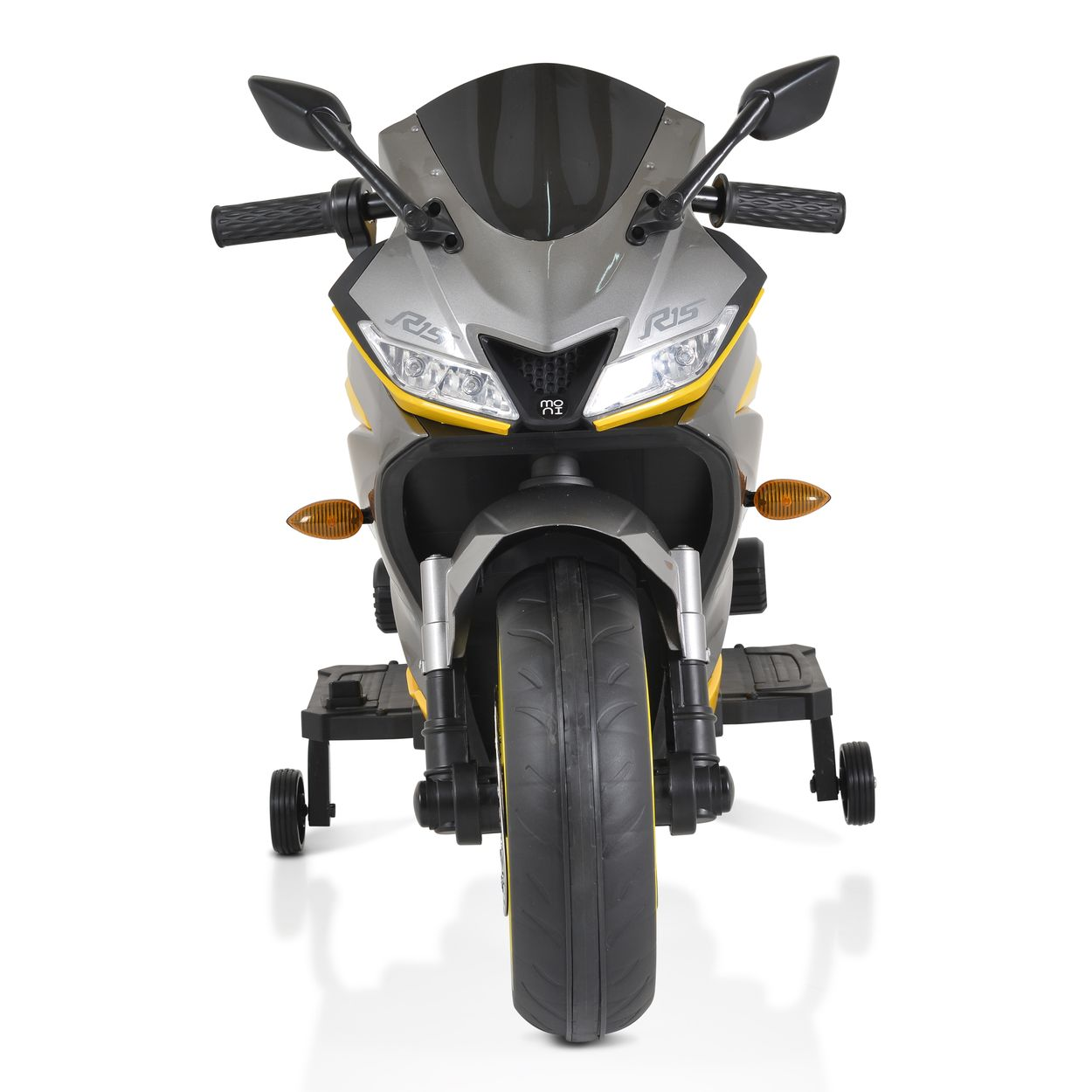 Graues und gelbes Spielzeugmotorrad mit Lichtern und Vorderrad, vor weißem Hintergrund.