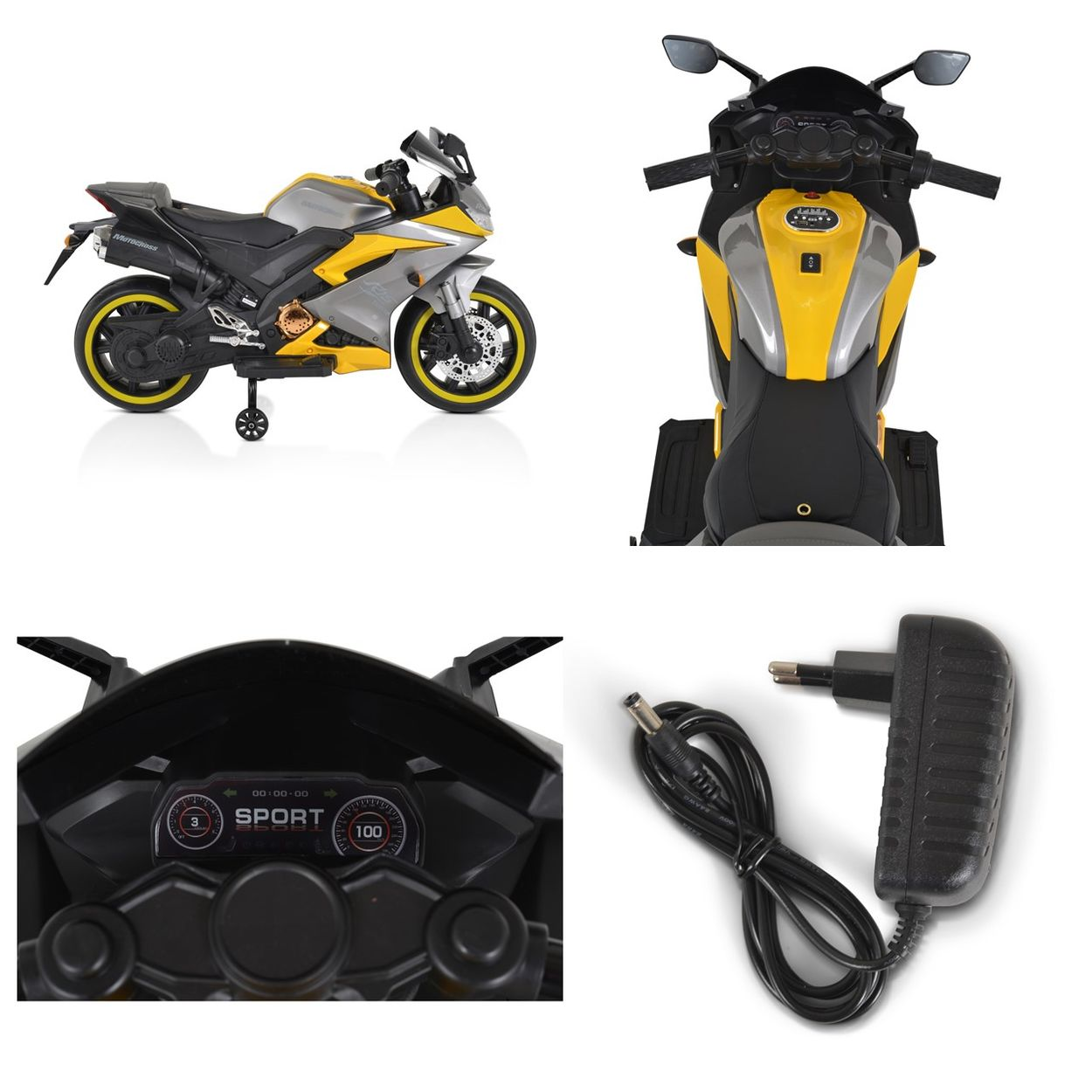 Ein Spielzeugmotorrad mit mehreren Ansichten, einschließlich Ladegerät und Bedienelementen.