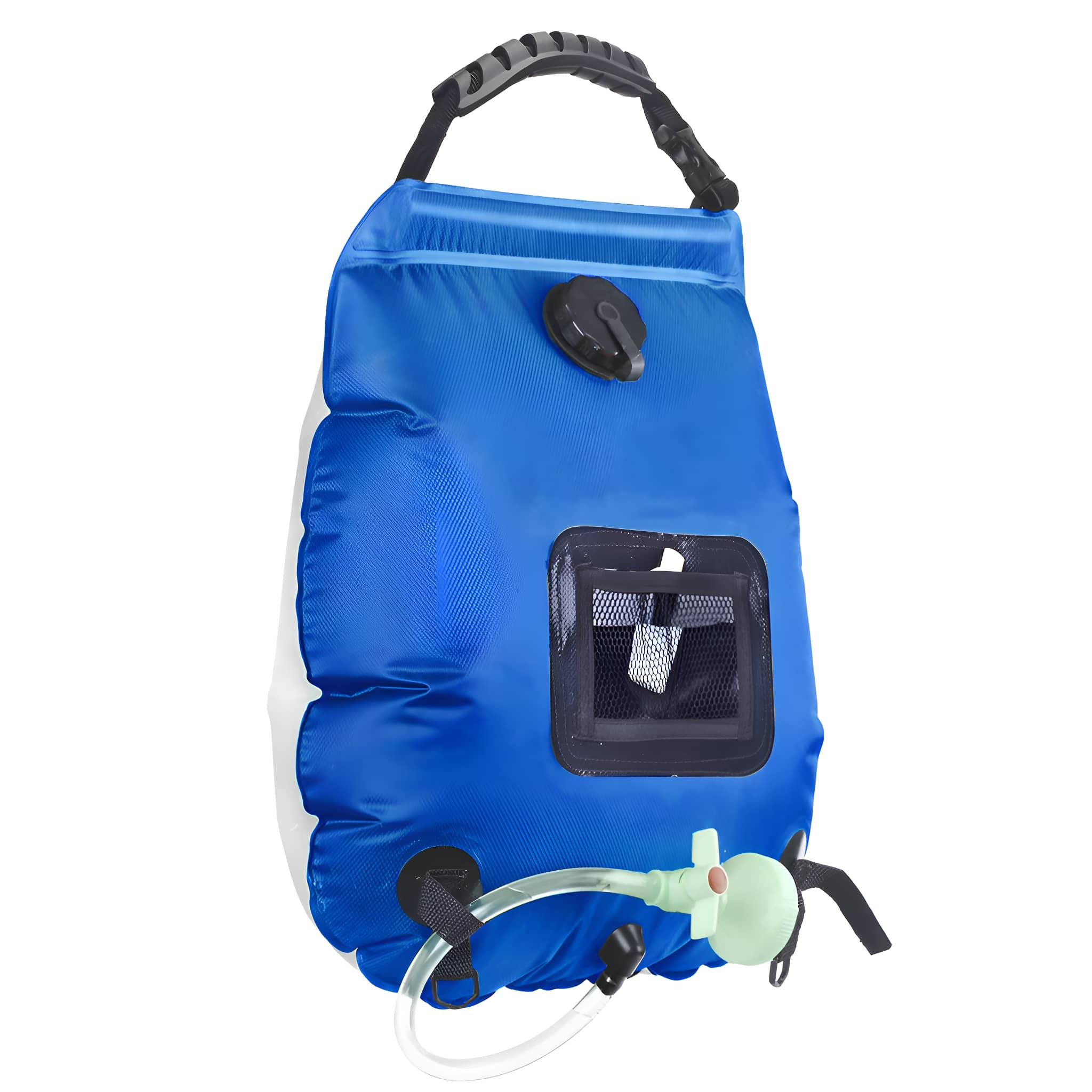 Blau-weiße Solarduschtasche mit Griff und Düse.
