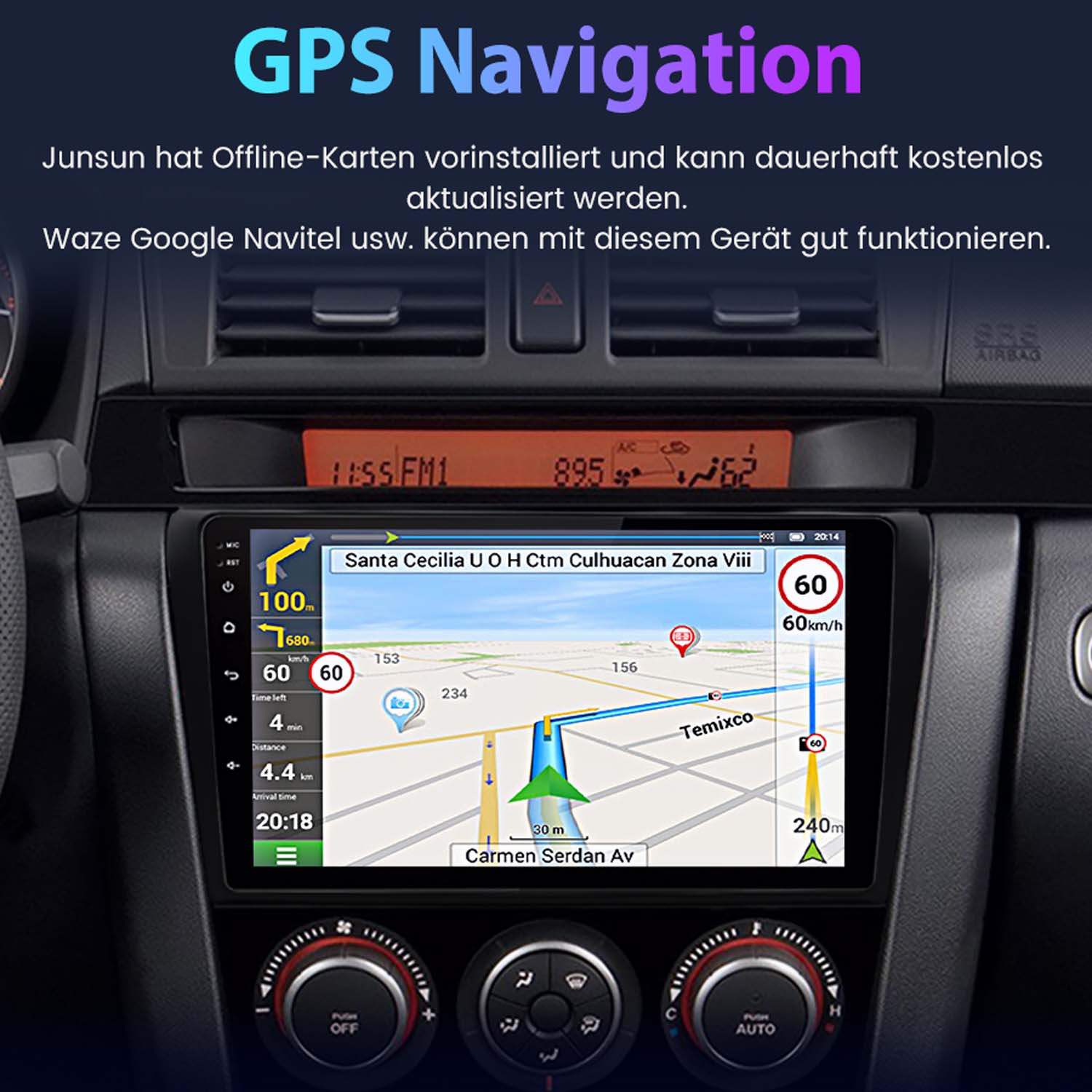 Ein Armaturenbrett, das einen GPS-Navigationsbildschirm mit Wegbeschreibungen, Geschwindigkeit und Kartendetails anzeigt.