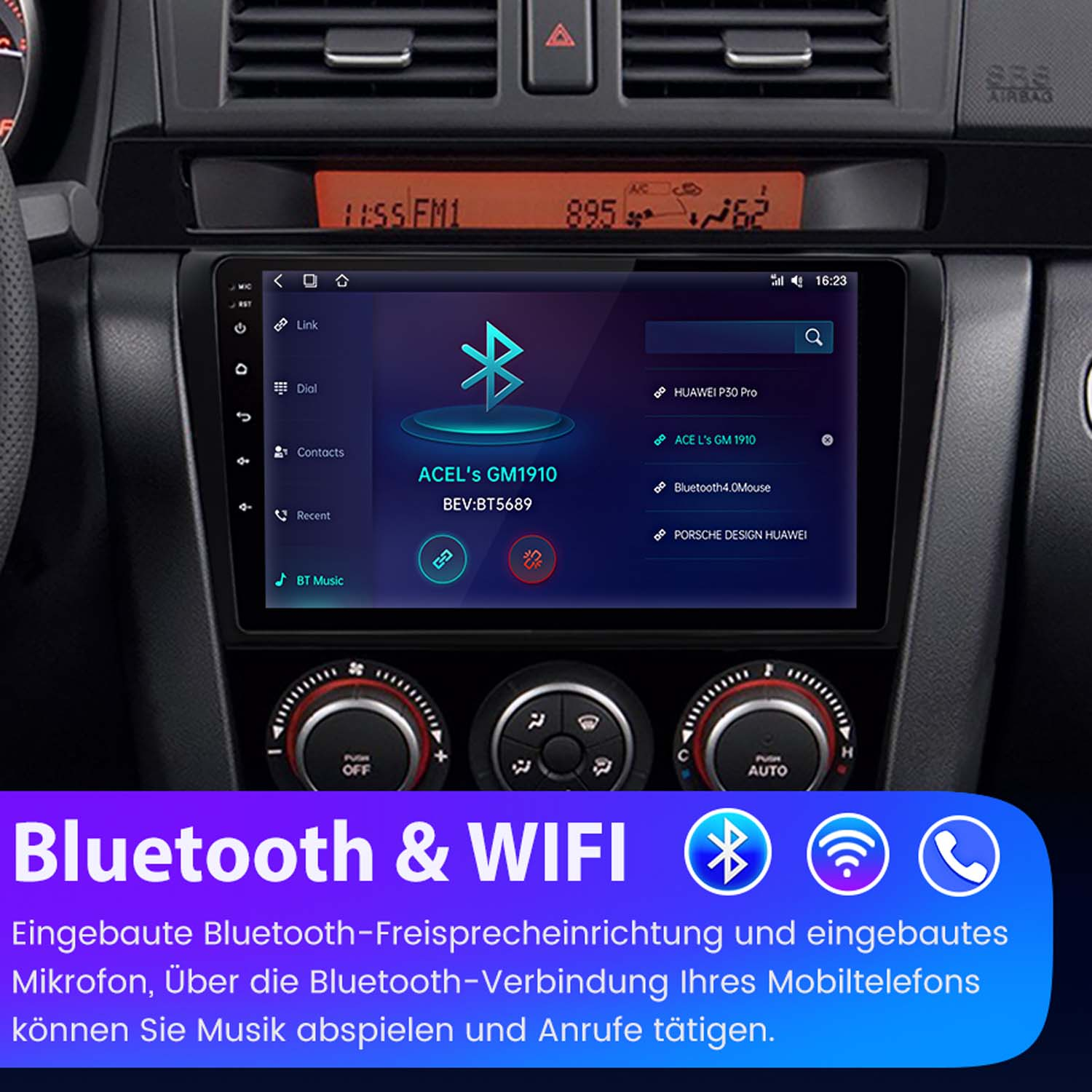 Armaturenbrett mit Bildschirm, Bluetooth und WLAN. Text: Bluetooth & WIFI.