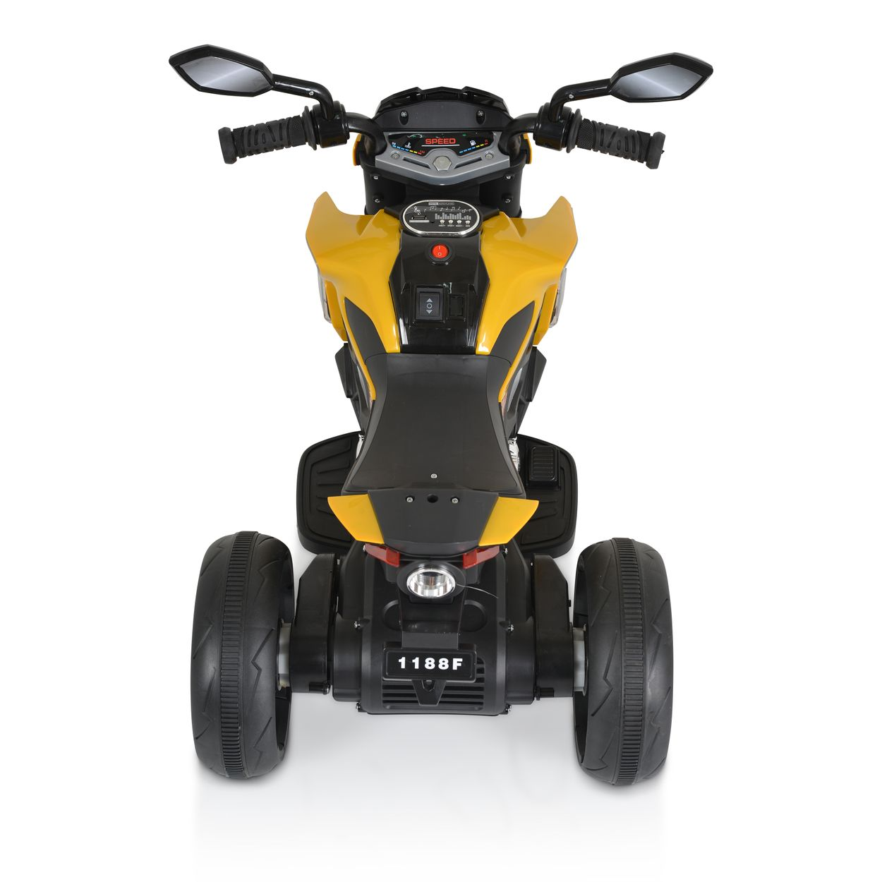 Gelb-schwarzes Spielzeugmotorrad mit drei Rädern, von vorne gesehen.