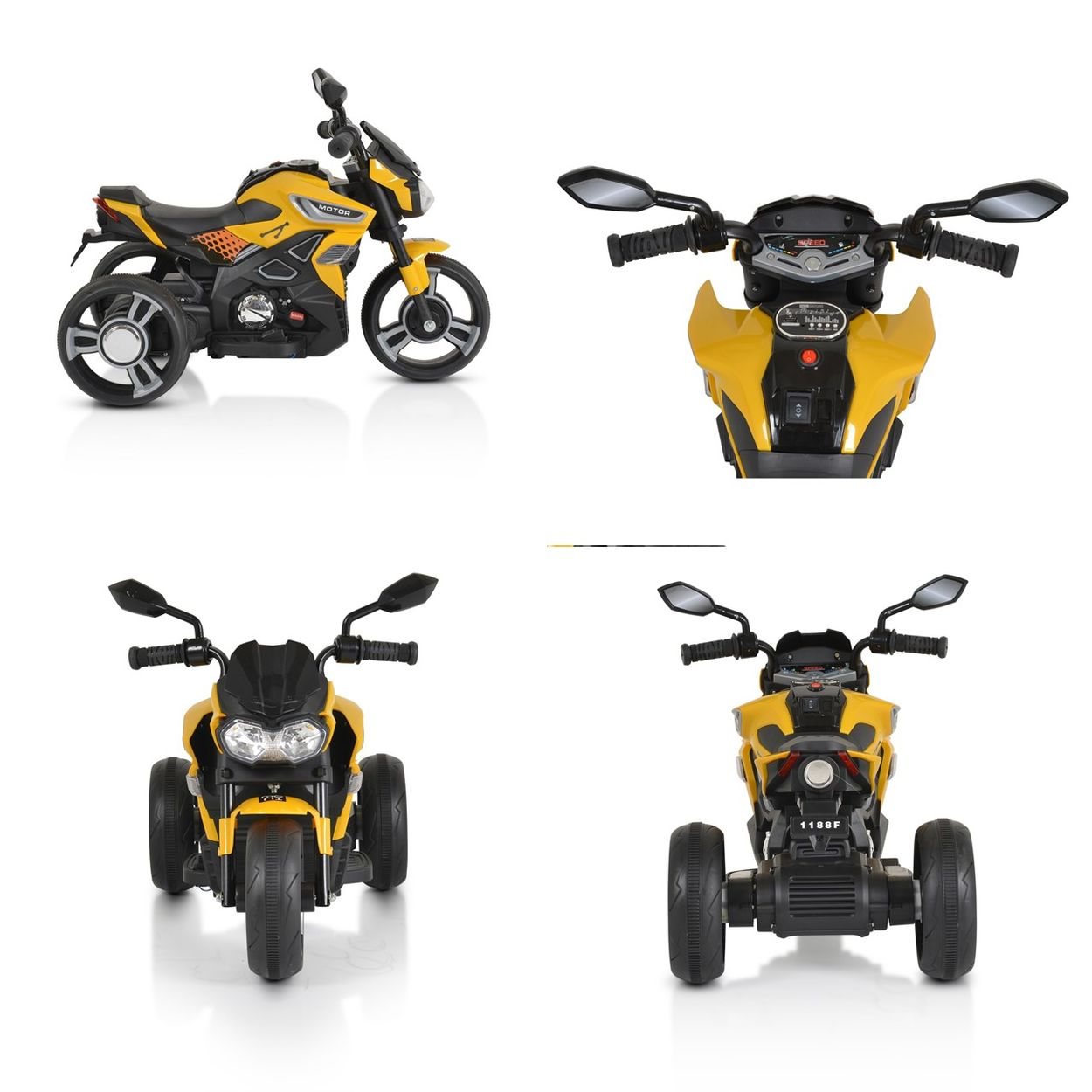 Gelbes Spielzeugmotorrad mit Details des Fahrrads. Vier Ansichten des Fahrrads.