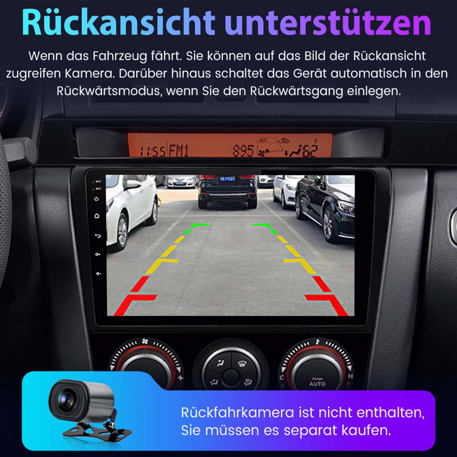 Auto-Armaturenbrett mit Rückfahrkamera-Anzeige. Ansicht der Straße und Autos dahinter. Text auf Deutsch.