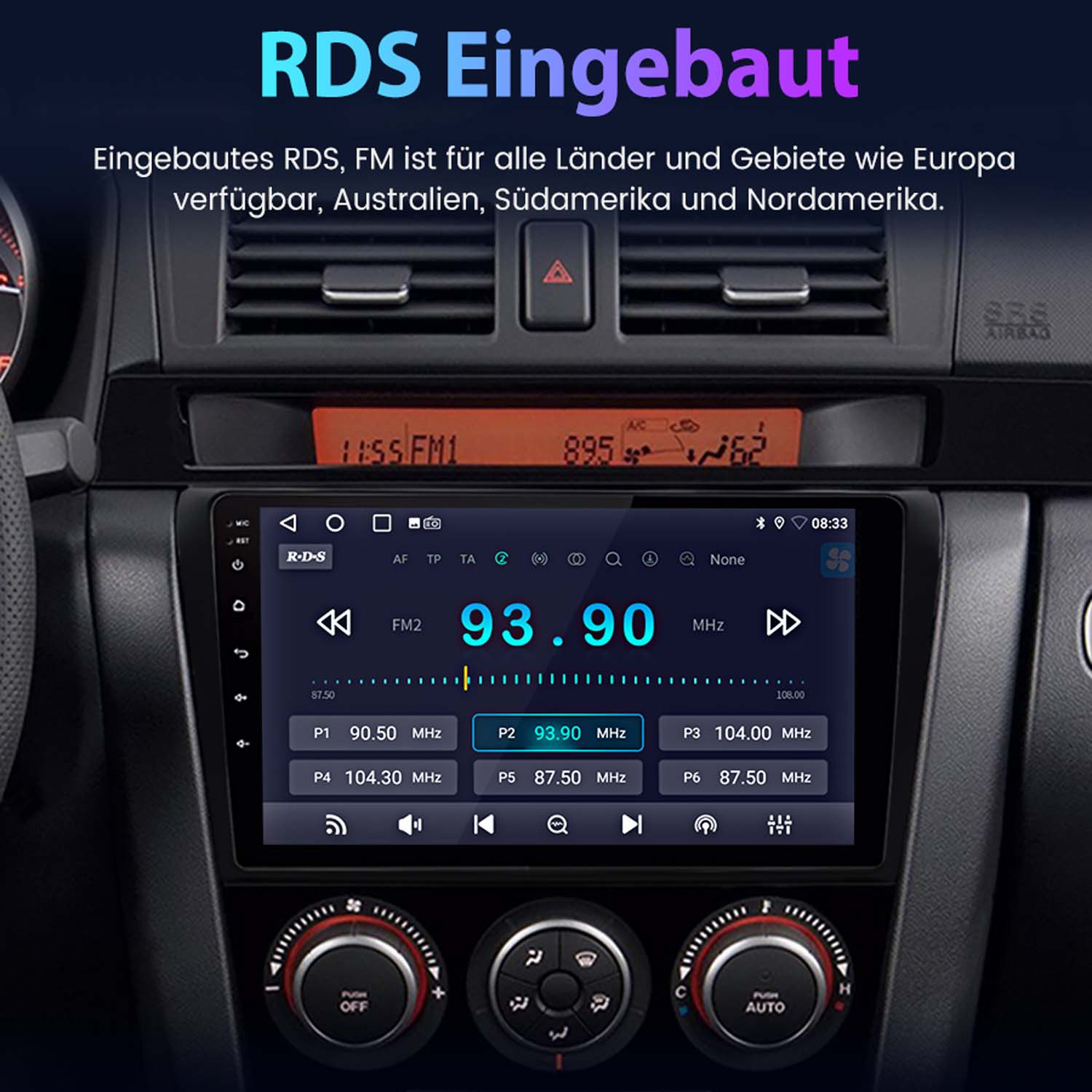 Autoradio-Bildschirm mit Radioinformationen, umgeben von Tasten und Bedienelementen.