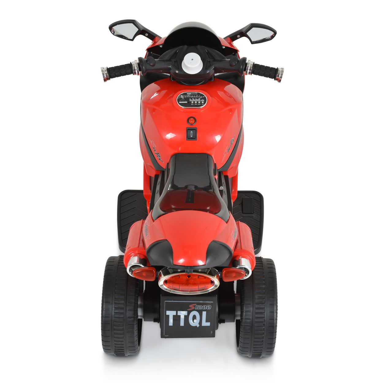 Ein rotes Spielzeugmotorrad. Das Motorrad hat einen schwarzen Sitz und wird von hinten betrachtet.