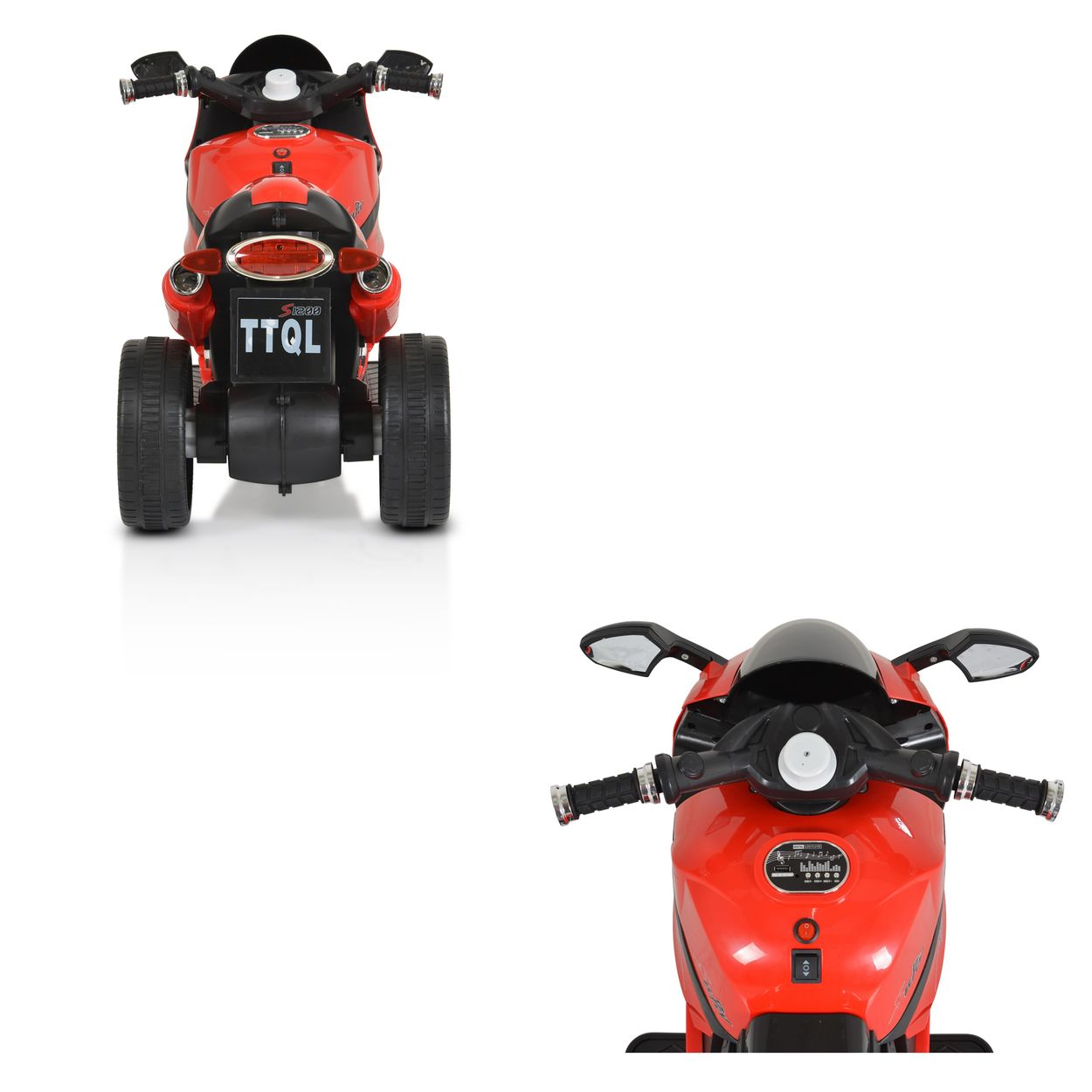 Rotes Spielzeugmotorrad, Vorder- und Rückansicht. Schwarzer Sitz, Lenker und Kennzeichen.