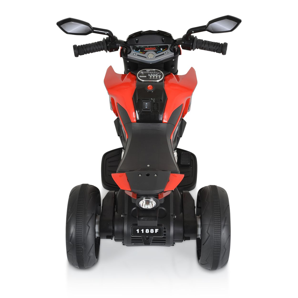 Rotes und schwarzes Spielzeugmotorrad. Hat drei Räder. Hat einen Geschwindigkeitsanzeiger und Spiegel.