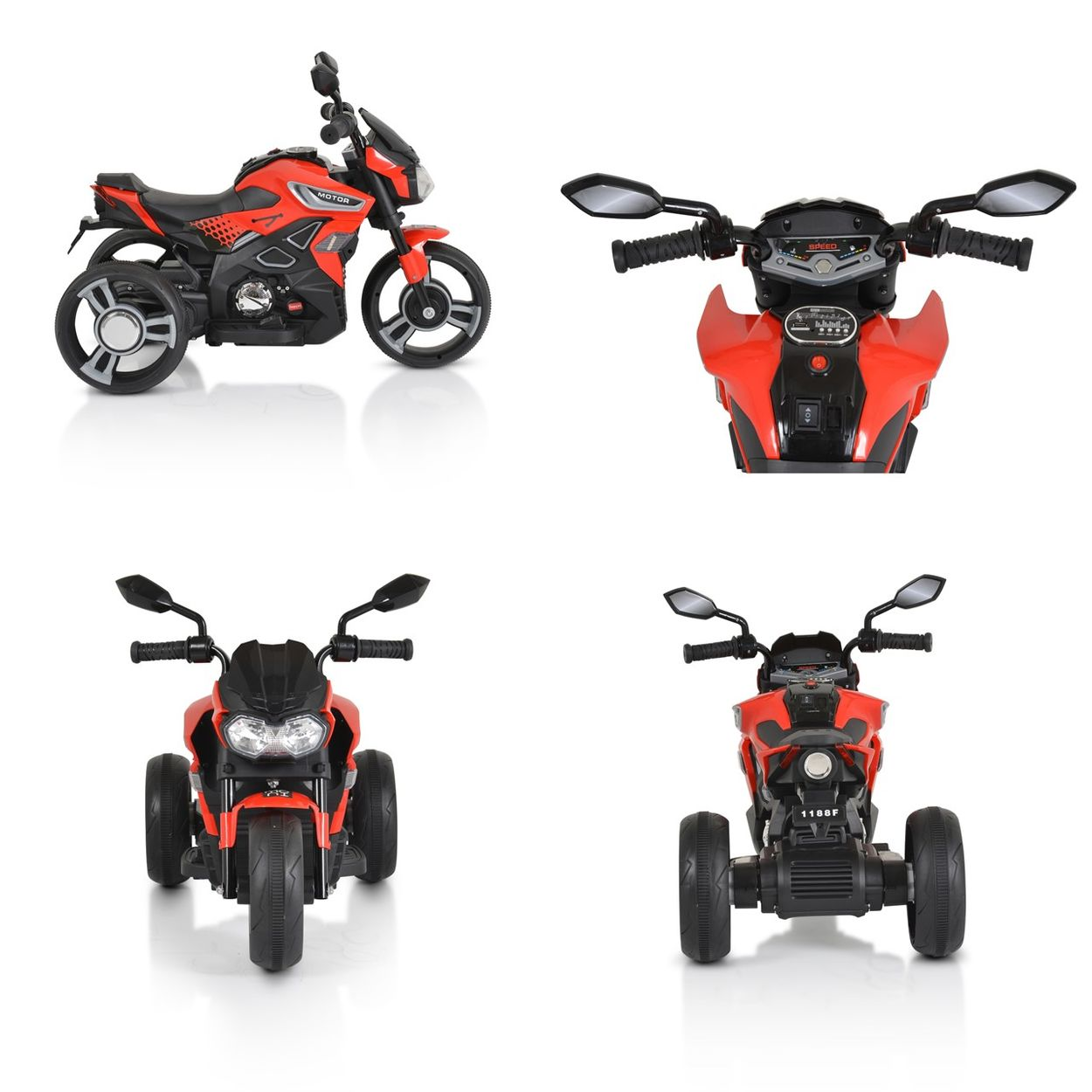 Rotes und schwarzes Spielzeugmotorrad mit drei Rädern, aus verschiedenen Blickwinkeln gezeigt.