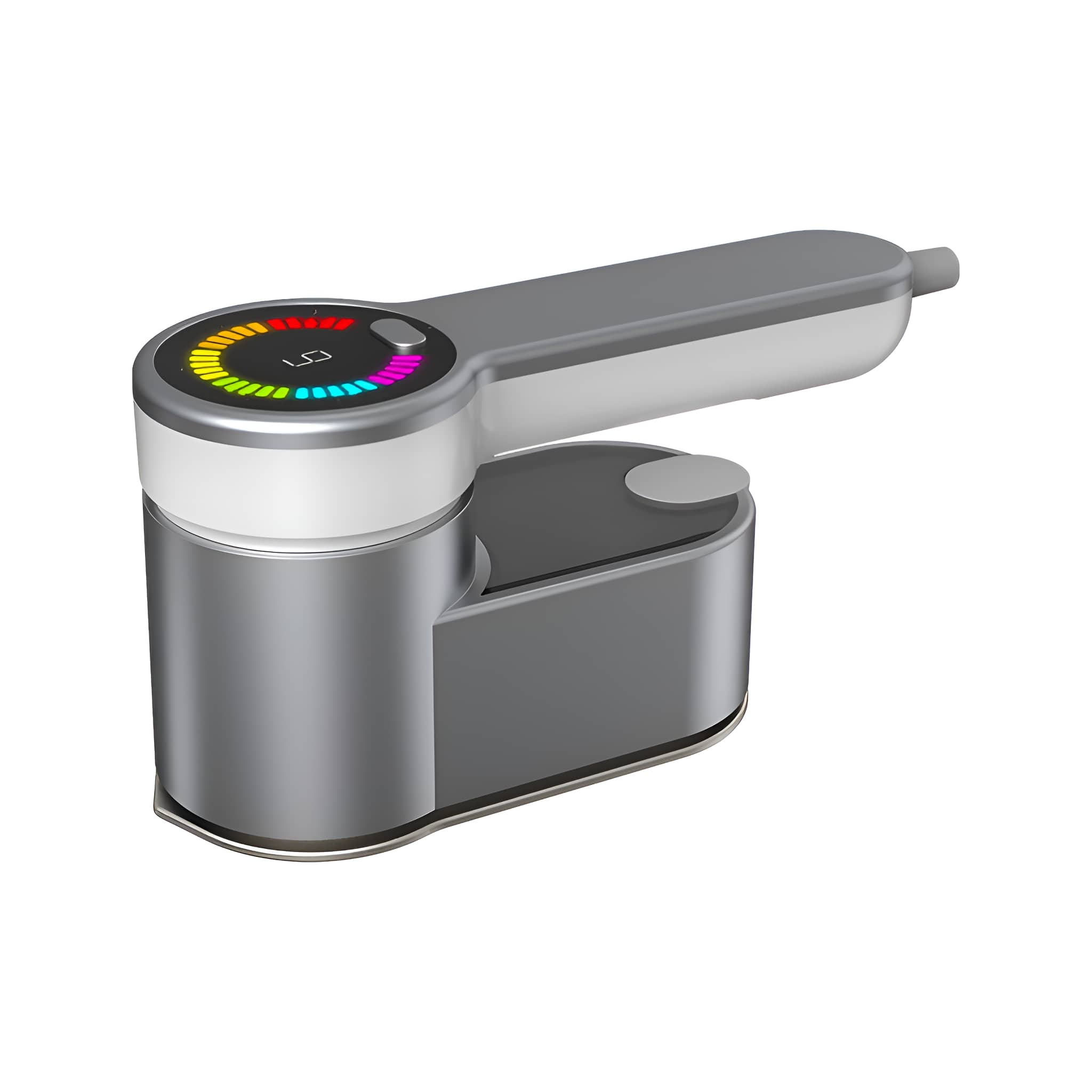 Silber-graues Handgerät mit rundem Display und Knopf oben. Weißer Hintergrund.