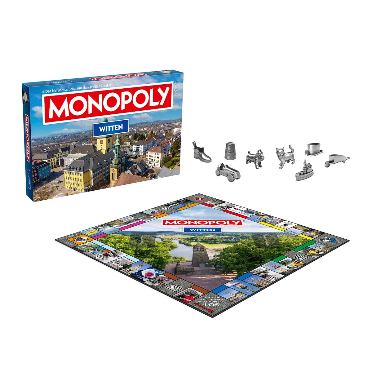 Monopoly-Brettspielbox und -Komponenten, einschließlich Spielbrett und Spielsteine.