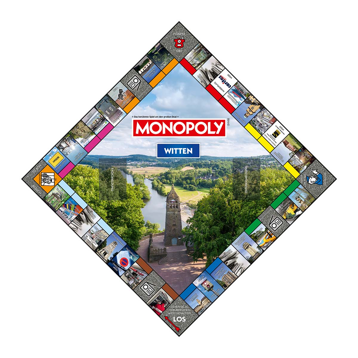 Monopoly-Brettspiel mit Witten-Thema, das lokale Szenen und Wahrzeichen zeigt.
