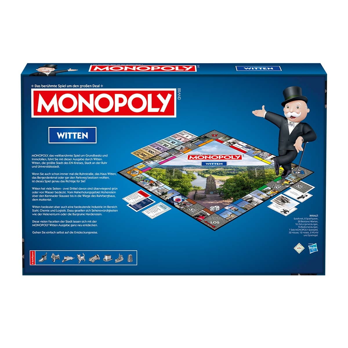 Die Rückseite einer Monopoly-Brettspielbox mit einer Stadtszene und Text.