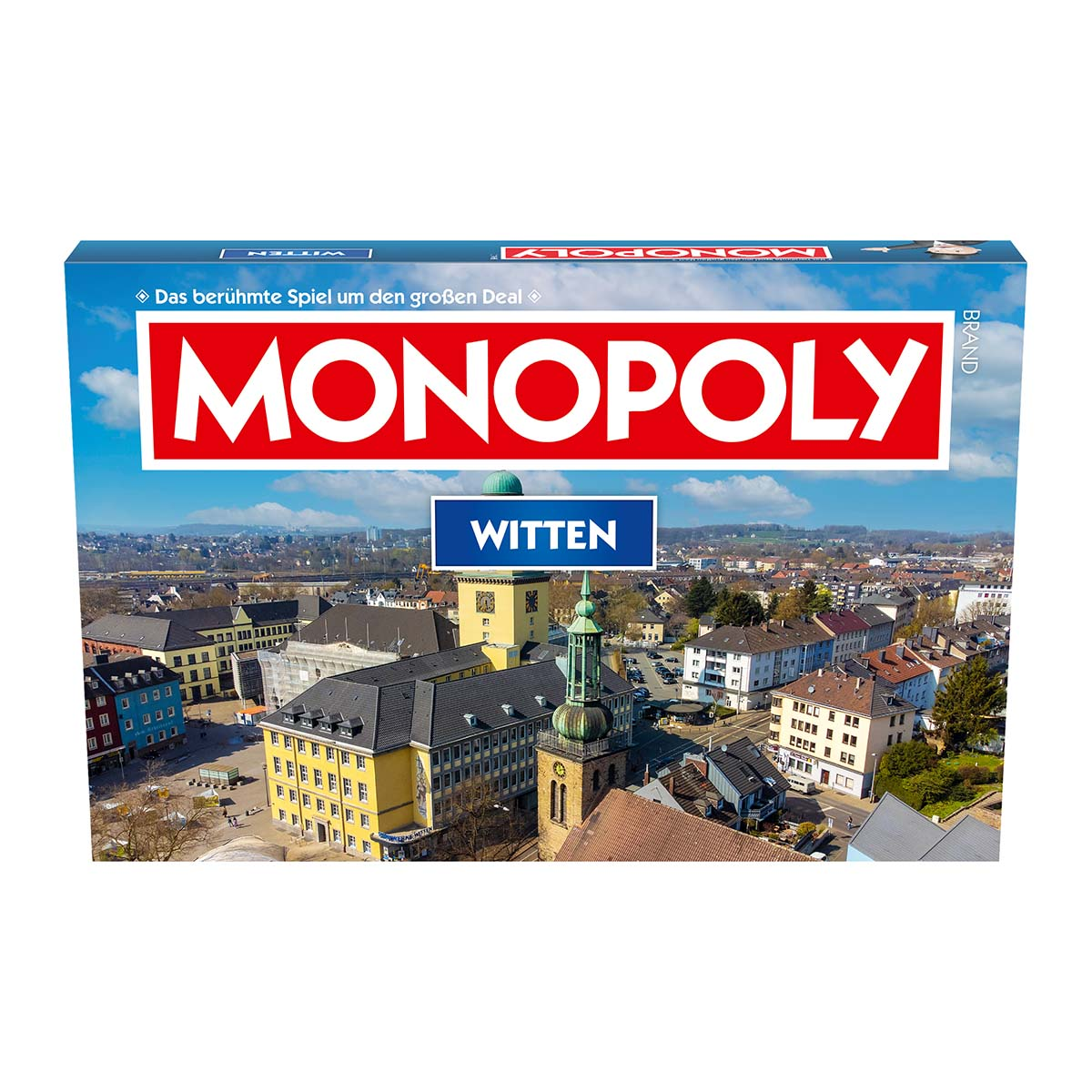Monopoly-Brettspielschachtel mit einer Stadtszene darauf.