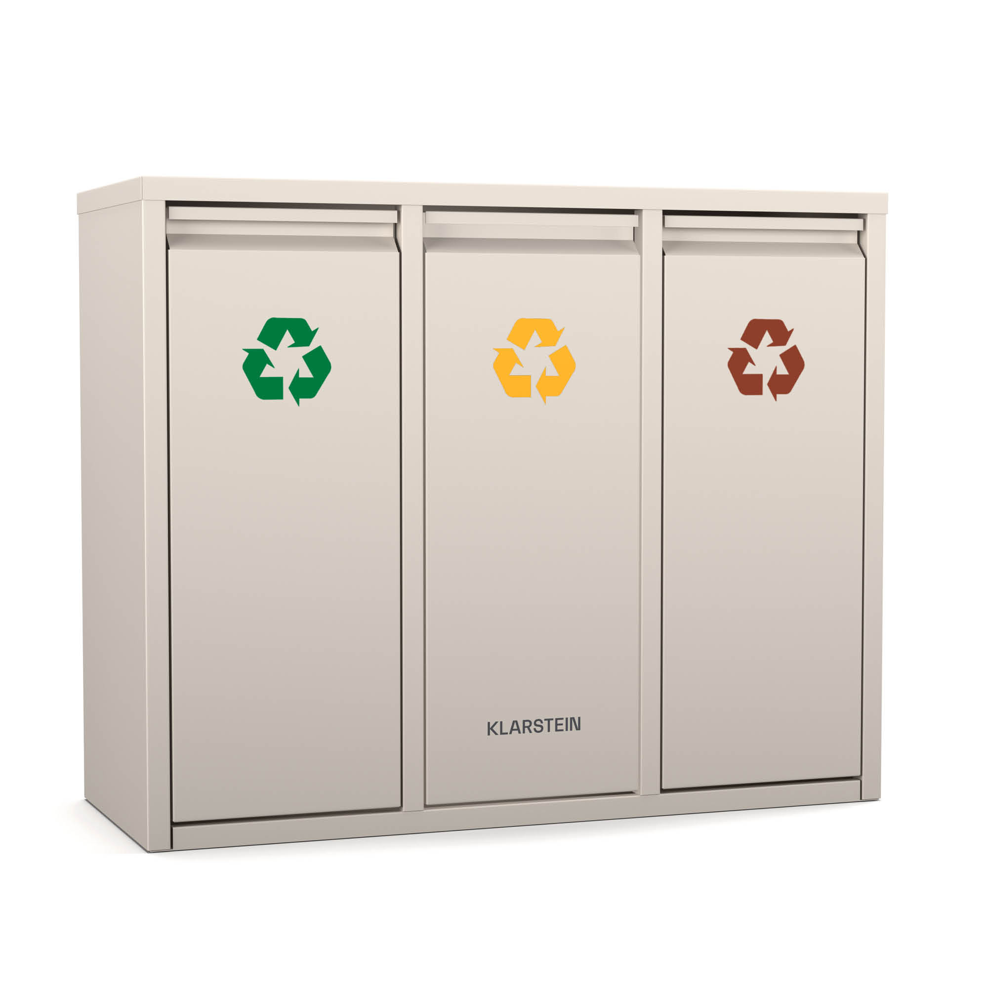 Un bidone della spazzatura per il riciclaggio a tre sezioni, beige, con simboli di riciclaggio, verde, giallo e marrone.