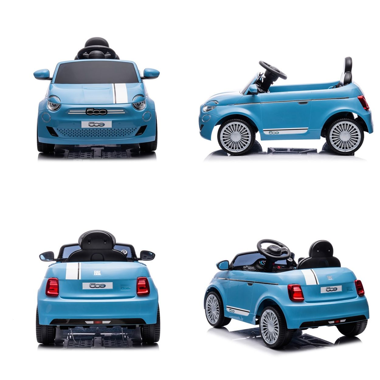 Vier Ansichten eines blauen Spielzeugautos; vorne, Seite, hinten und eine Schrägansicht.