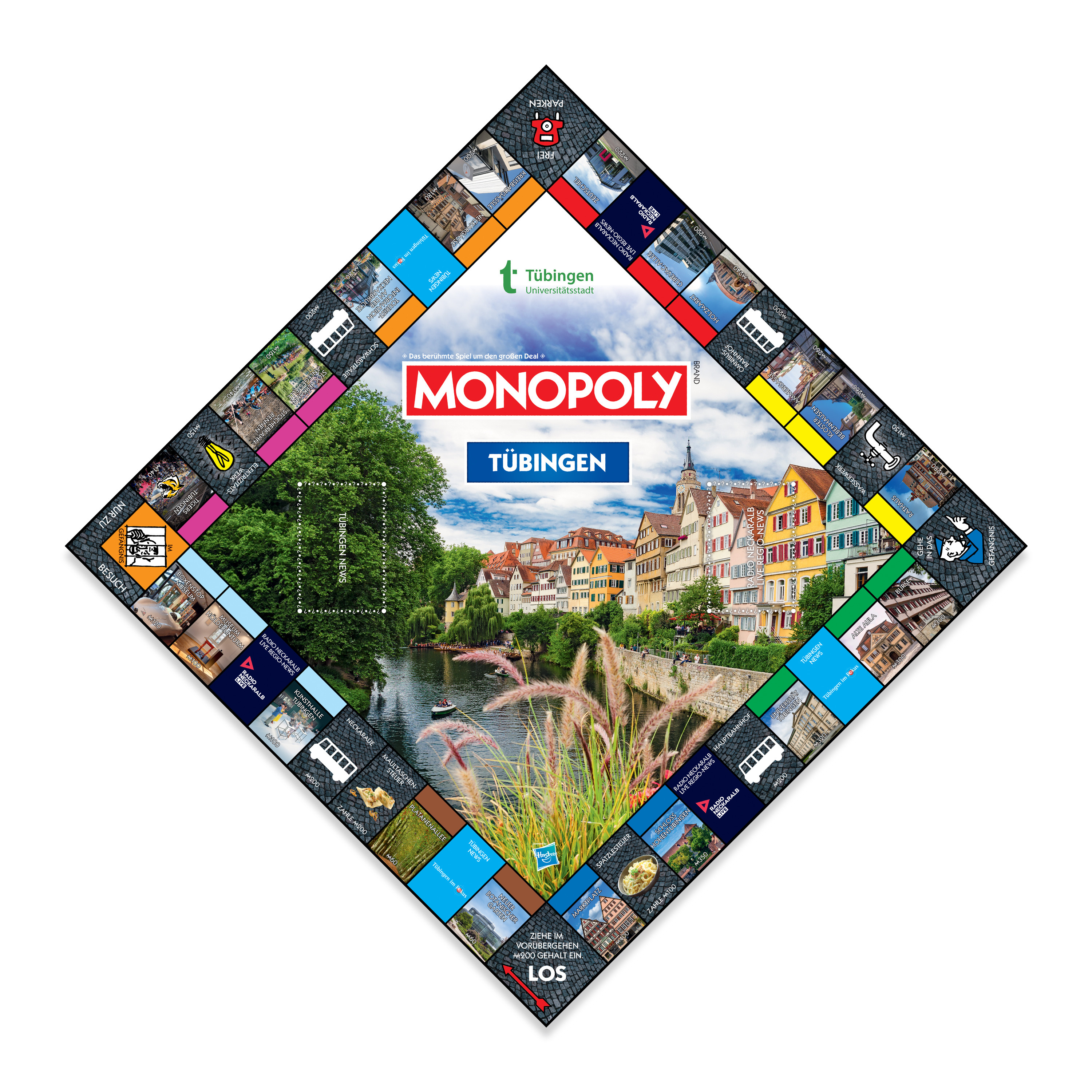 Ein Monopoly-Spielbrett von Tübingen mit einem Bild der Stadt in der Mitte.