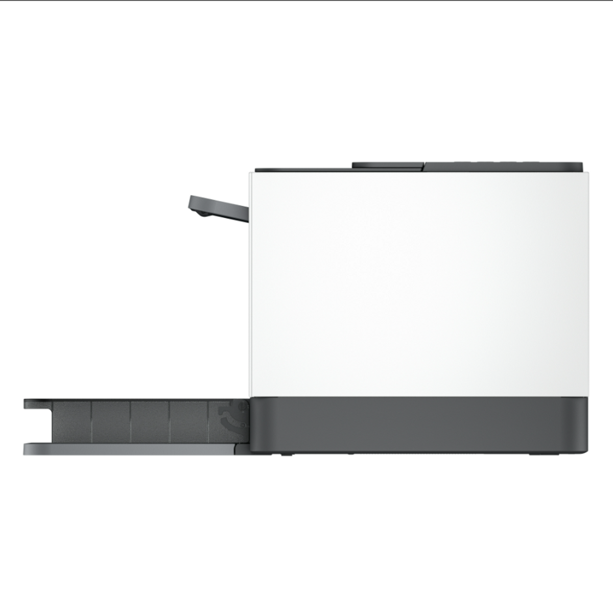 Biało-szara drukarka, widok z boku, z wysuniętą tacą.