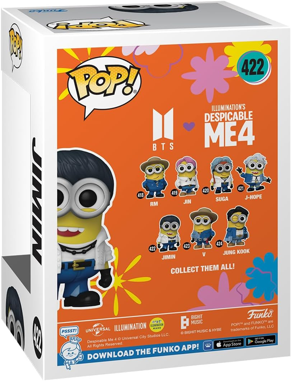 Una caja de Funko Pop con una figura de Minion BTS Jimin de Despicable Me 4, con otras figuras de Minion.