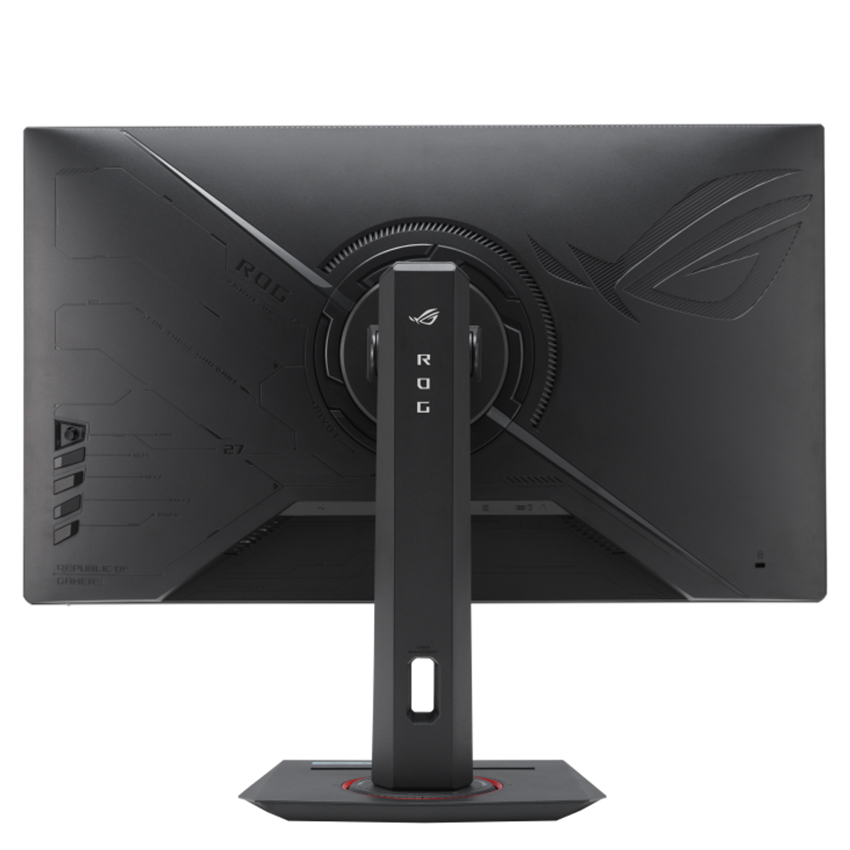 Rückseite eines schwarzen Monitors mit Ständer. Der Monitor hat das ROG-Logo.
