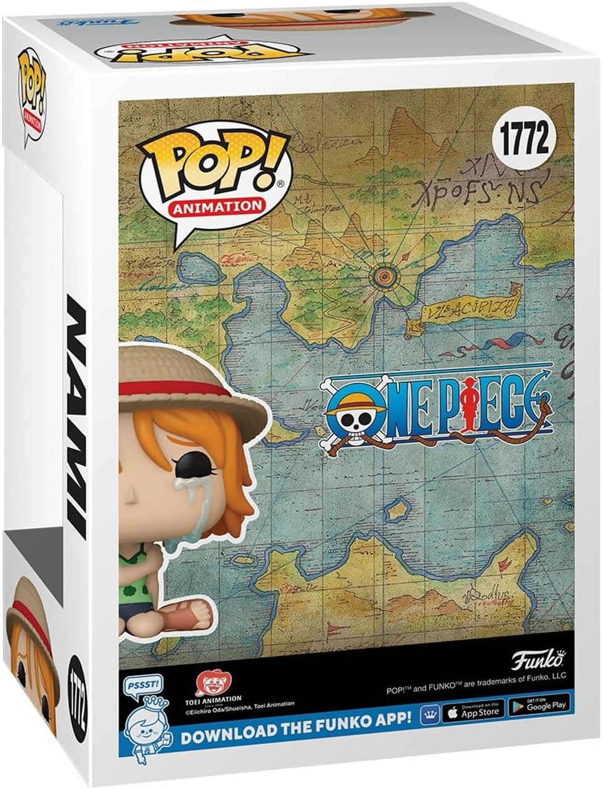 Scatola Funko Pop! con Nami di One Piece; sfondo mappa.
