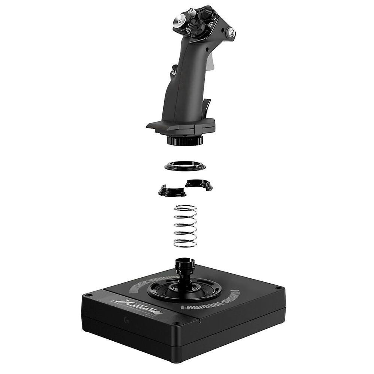 Vista esplosa di un joystick nero per giochi di simulazione di volo. È su una base nera.