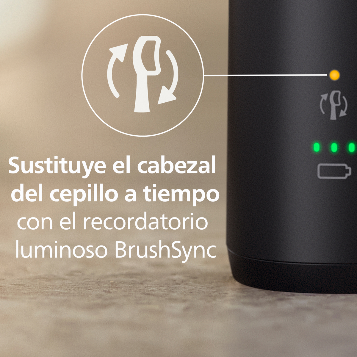 Zbliżenie czarnego urządzenia z zielonym światłem i schematem. Tekst: Przypomnienie BrushSync.