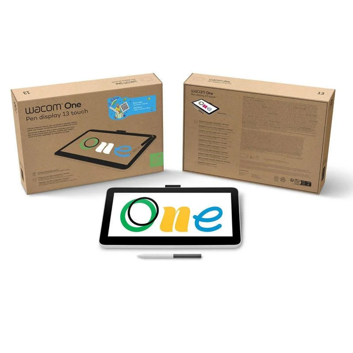 Wyświetlacz piórkowy Wacom One w pudełku. Widoczny również pióro i tablet.