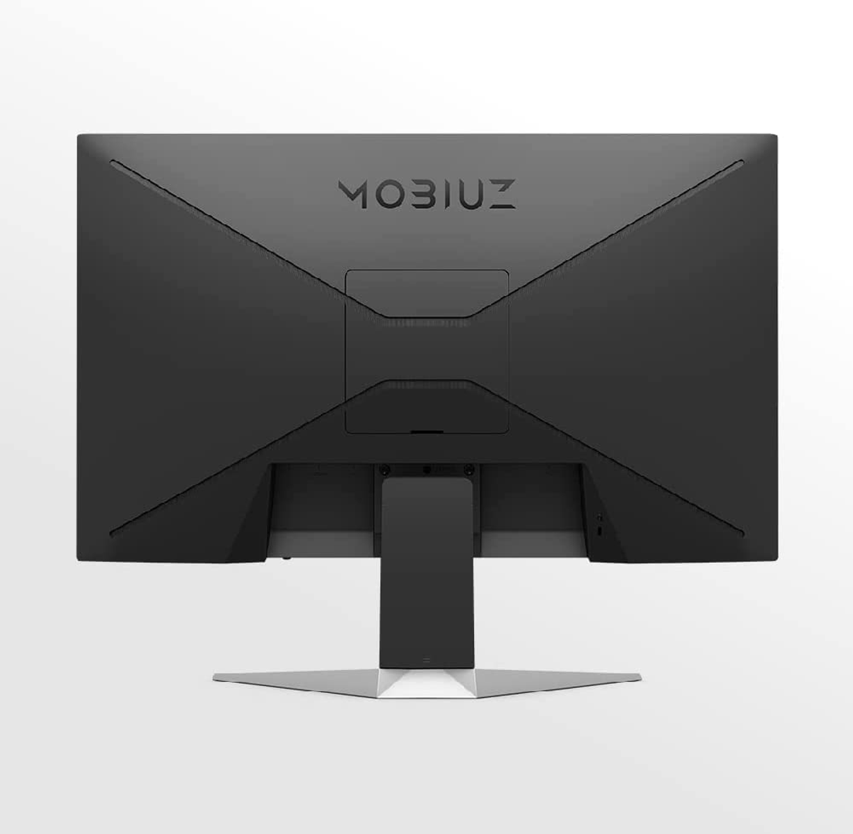 Tył czarnego monitora komputera ze słowem MOBIUZ nad podstawą.