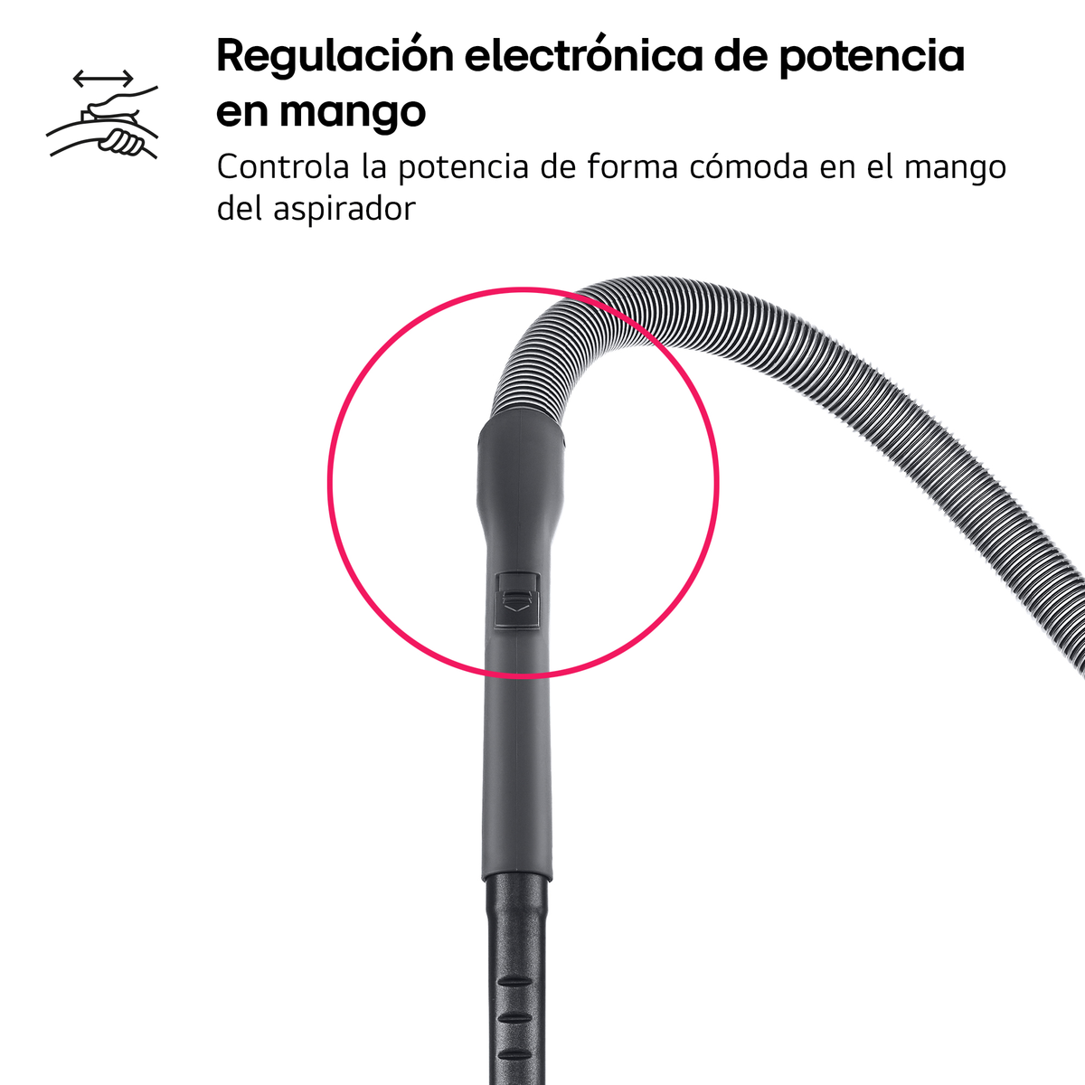Mango de aspiradora con manguera flexible. El texto dice 'regulación de potencia electrónica'.