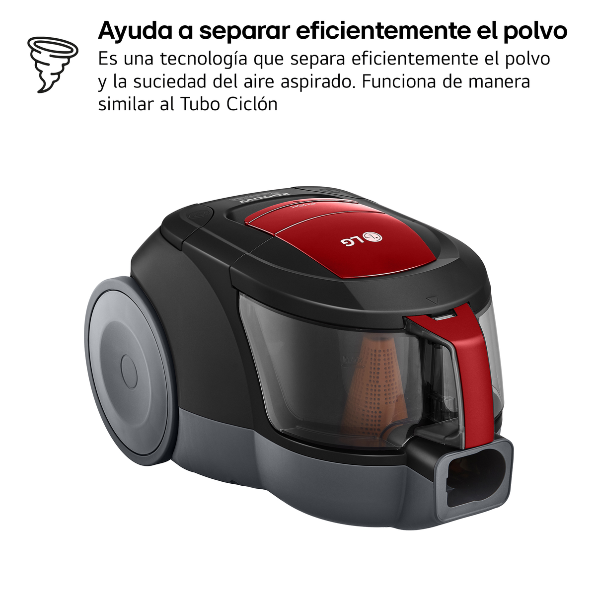 Aspiradora LG negra y roja. Texto sobre tecnología de separación de polvo. Fondo blanco.