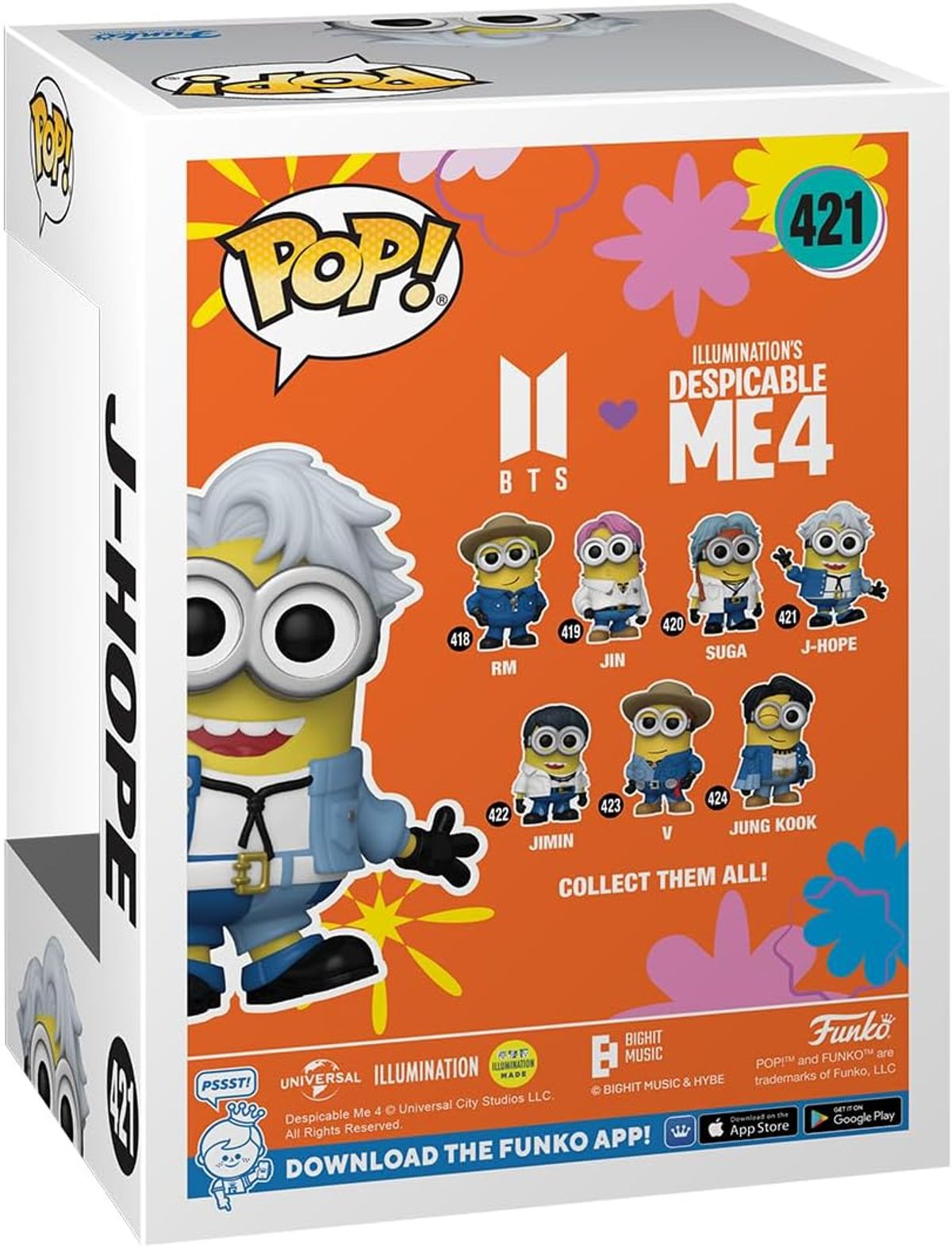 Una caja Funko Pop con J-Hope de BTS y varios personajes de Minions.