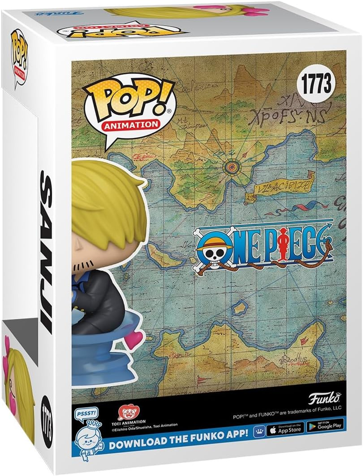 Een Funko Pop!-doos met Sanji van One Piece, met een kaartachtergrond en karakterdetails.