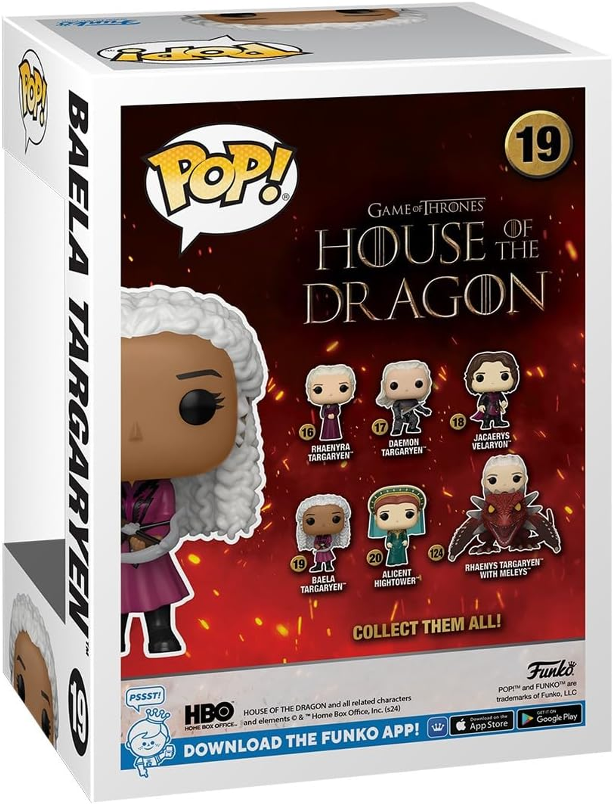 Boîte Funko Pop de Bael Targaryen, de House of the Dragon, avec d'autres figurines.
